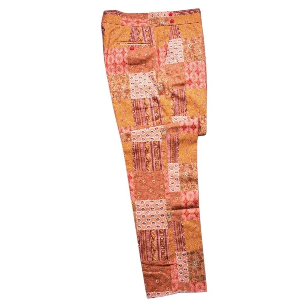 Mens 36 Gurkha Pants Orange Patchwork Floral Flat Front Straight Fit Trousers - Picture 2 of 8